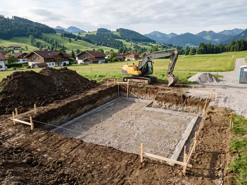 Ausgehobene Baugrube für ein Einfamilienhaus, Bagger am Rand, Schnurgerüst an den Ecken