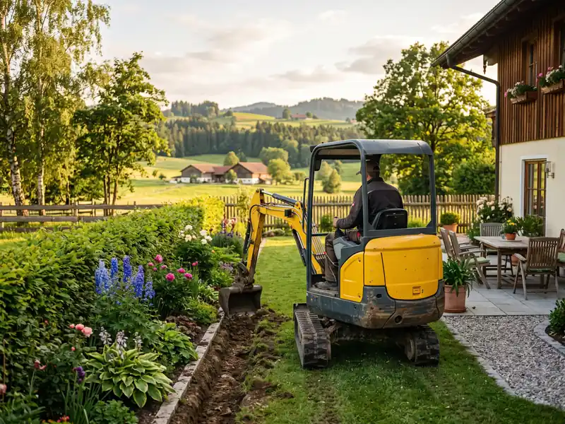 Kleiner Bagger gräbt einen schmalen Graben entlang eines Gartenbeets
