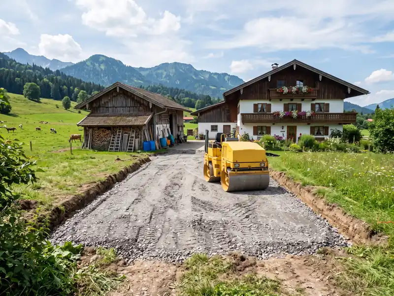 Verdichteter Schotter als Unterbau einer Hofzufahrt vor einem Bauernhaus, Walze auf der Fläche