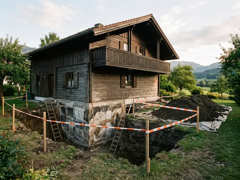 Freigelegte Kellerwand an der Rückseite eines Wohnhauses, Graben mit Absperrung