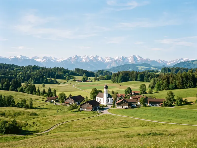 Hügelige Wiesen, Dorf mit Kirchturm und Berge am Horizont