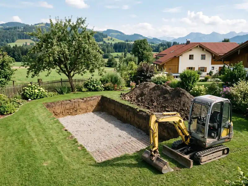 Rechteckige Grube für einen Pool im Garten, kleiner Bagger am Rand