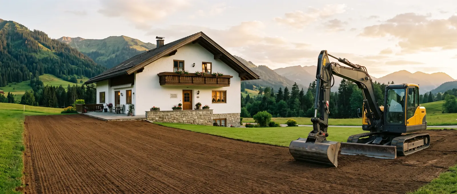 Abendlicht über einer verfüllten Baustelle neben einem Wohnhaus im Allgäu