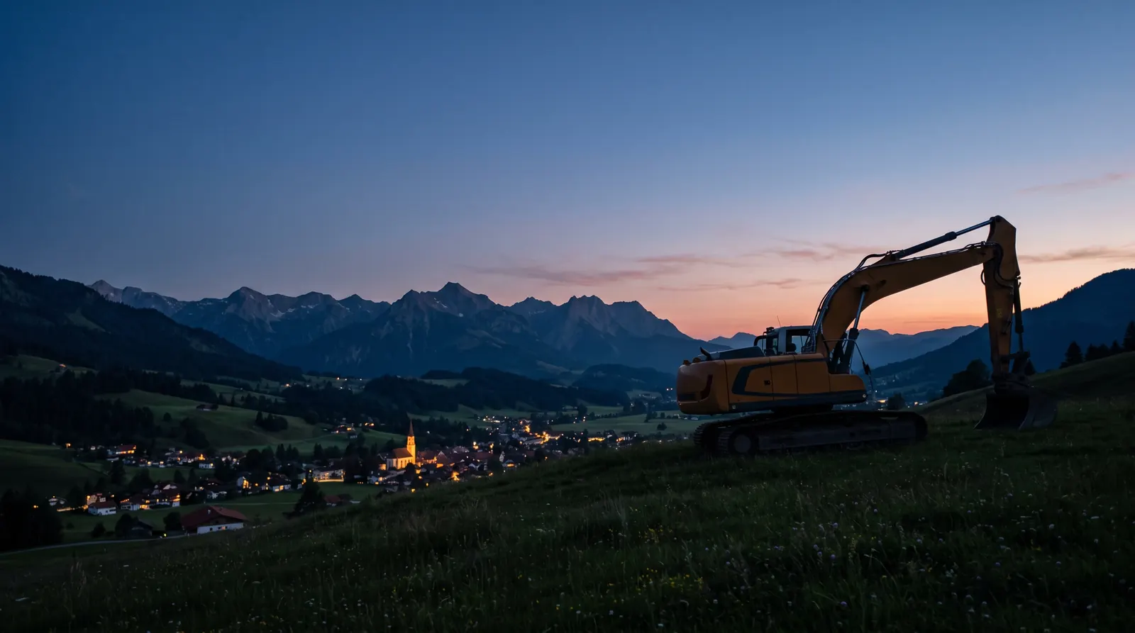Bagger vor den Allgäuer Bergen in der Dämmerung