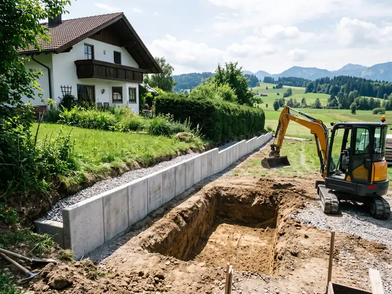 Grube für eine Zisterne im Garten, daneben eine Böschung mit L-Steinen